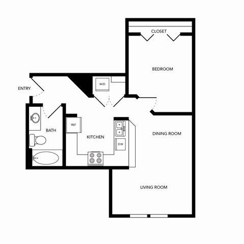 Floor plan for 1 bed, 1 bath, 635 sqft